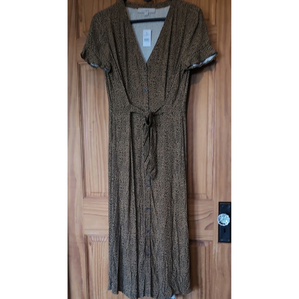 LOFT Leopard Tie Front Button Front Midi Dress women's size 8 NEW w/ Tag
